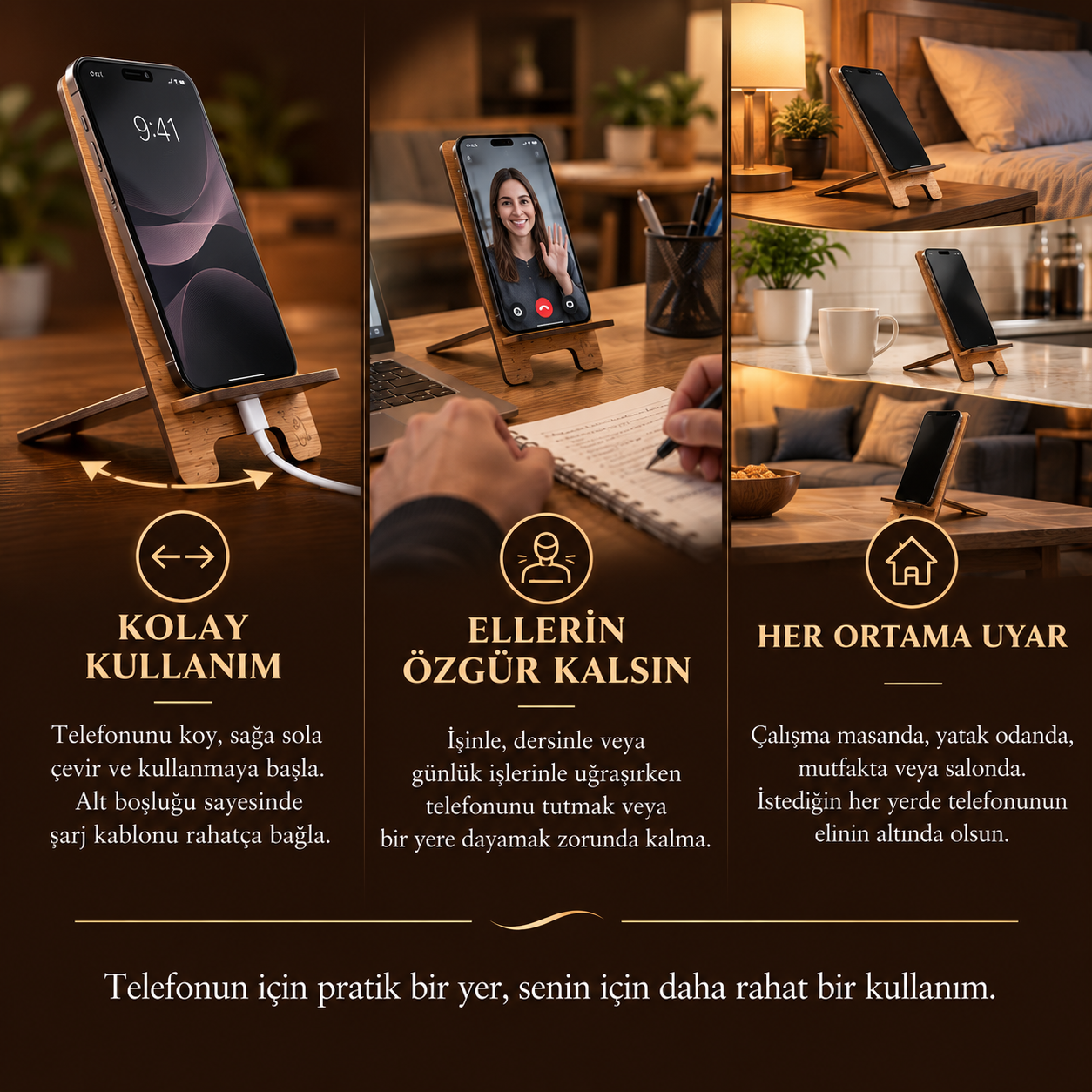 Ahşap telefon tutucu. Kolay kullanım: Telefonunu koy, sağa sola çevir ve kullanmaya başla. Alt boşluğu sayesinde şarj kablonu rahatça bağla. Ellerin özgür kalsın: İşinle, dersinle veya günlük işlerinle uğraşırken telefonu tutmak veya bir yere dayamak zorunda kalma. Her ortama uyar: Çalışma masanda, yatak odanda, mutfakta veya salonda. İstediğin her yerde telefonunun elinin altında olsun.